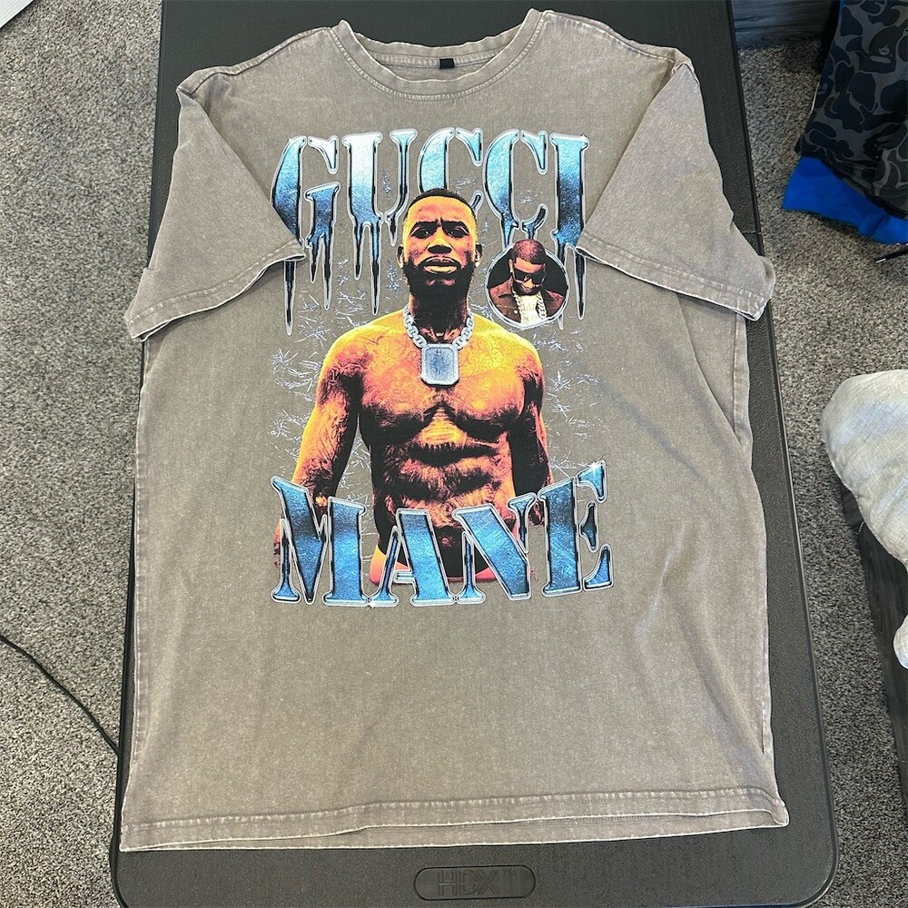 Upscale Studios Gucci Mane Graphic T-Shirt Men's M Gray Acid Wash Crew